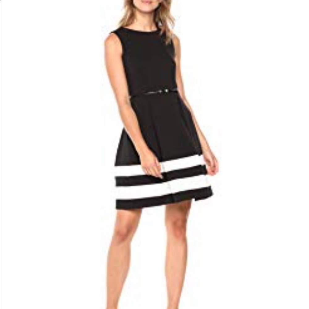 Calvin Klein Black fit and flare belted dress